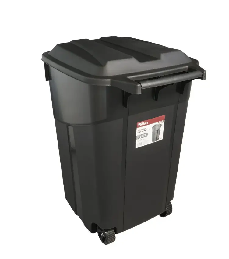 45 Gallon Wheeled Heavy Duty Plastic Garbage Can with Attached Lid, Black