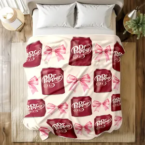 Dr Pepper Can & Pink Bow Flannel Throw Blanket - Skin - friendly, High - grade Plush, Cute Dr Pepper Can & Pink Bow Prints, Double Warmth, Multi - Scenario Use (Bed/Sofa/Dormitory/Travel), Ideal Gift for Dr Pepper Fans, Soft Warm Blanket
