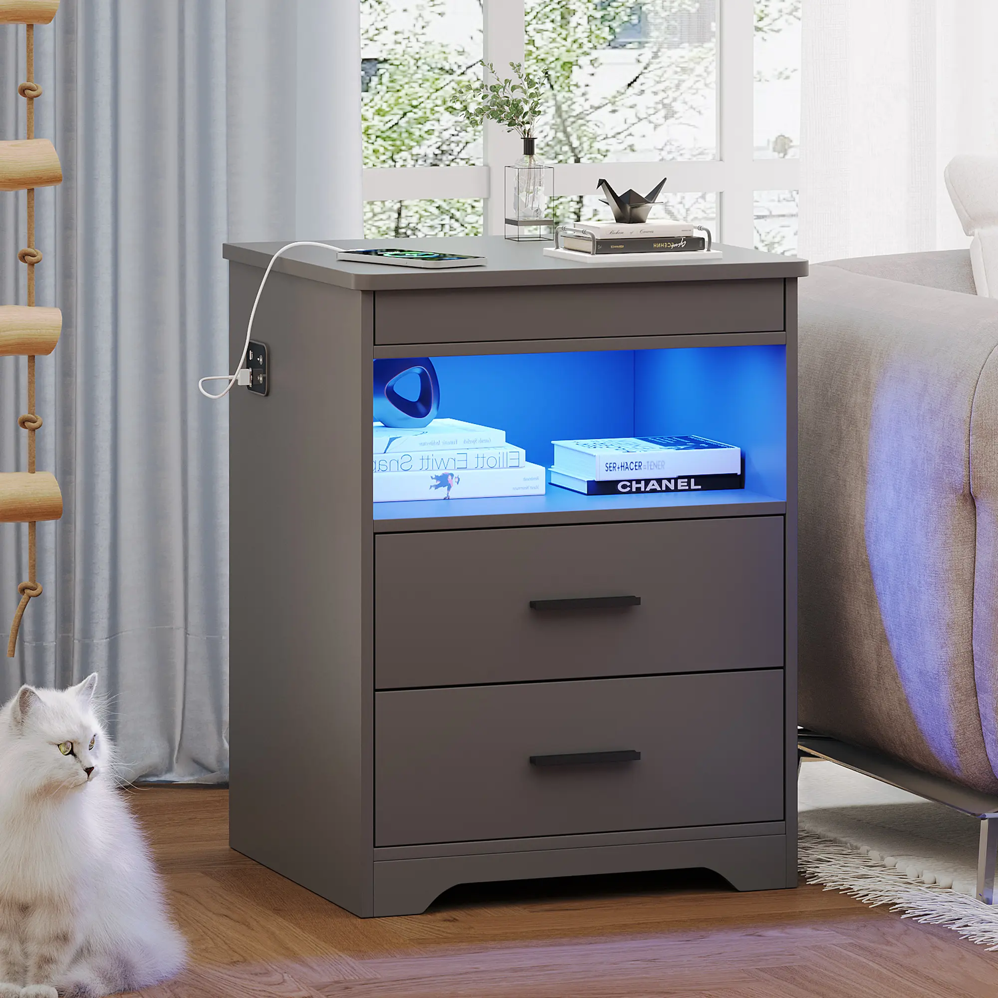 FREDEES Motion Sensor LED Nightstand - Indoor Furniture Table with Built-in USB and Type-C Charging Station, Locked Hidden Drawer for Bedroom Storage (Requires Assembly) nightstand