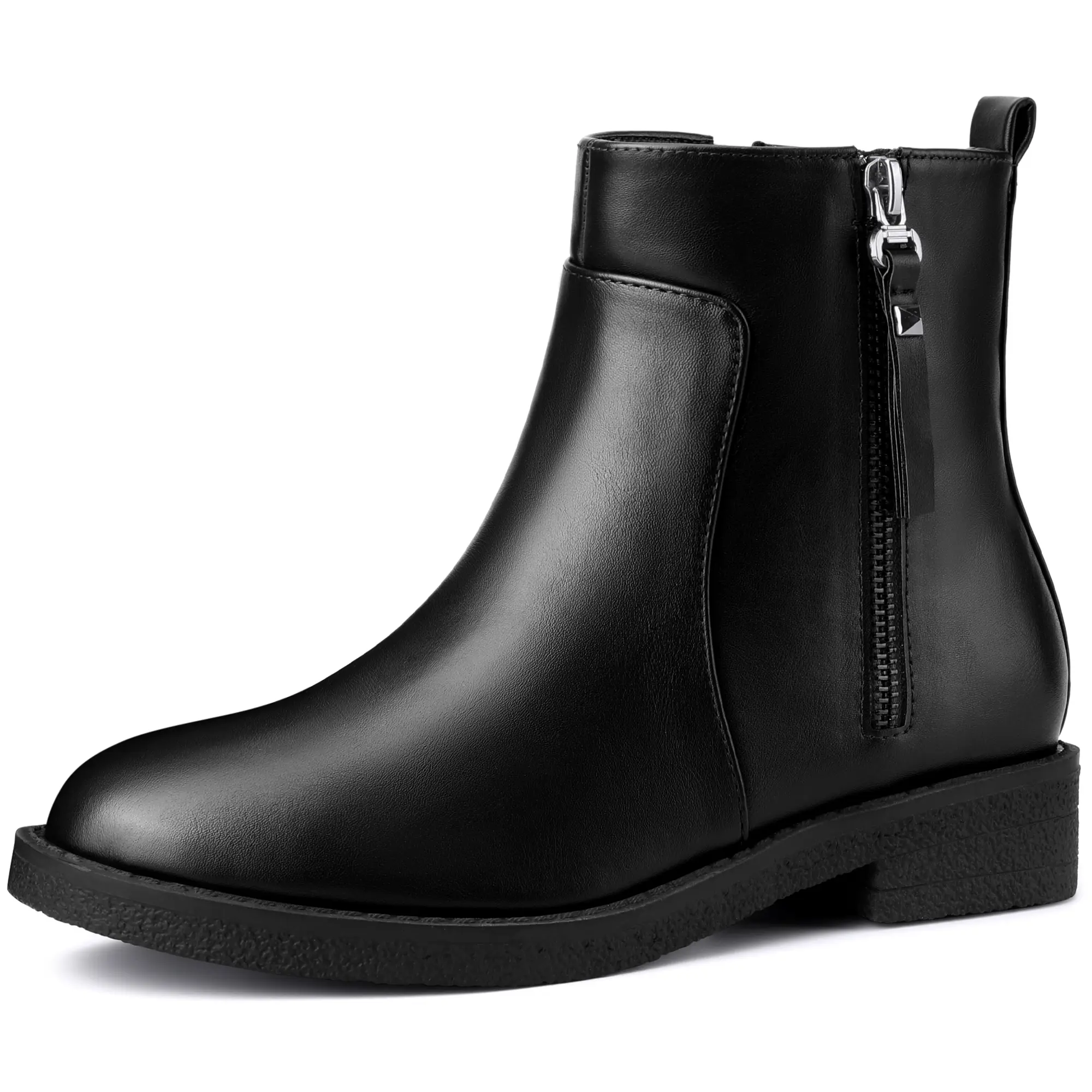 BLISSFUL STEP Women's Round Toe Booties Zipper Low Chunky Heel Ankle Boots