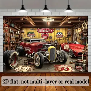 2D flat banner, retro hot garage scene background decoration for photography props, polyester banner decoration, home decoration, room decoration, wall decoration, party background decoration, party supplies/gift decoration background, party banner