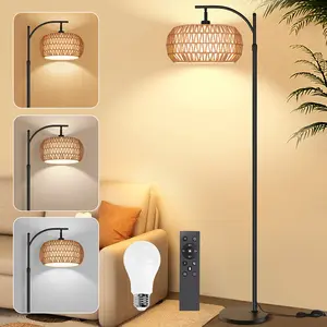 Rattan Floor Lamp, Boho Standing Lamp with Remote Control Dimmable LED Floor Lamp Hand-Worked Adjustable Rattan Shades Black Farmhouse Arc Tall Lamp for Living Room Bedroom Office