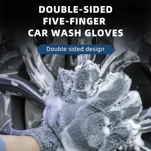 Scratch-Free Car Wash Gloves - Snow Nylon + Coral Fleece Microfiber, 5-Finger Thick Padding, Dual-Sided for Cleaning, Foaming & Scrubbing (Paint-Safe)