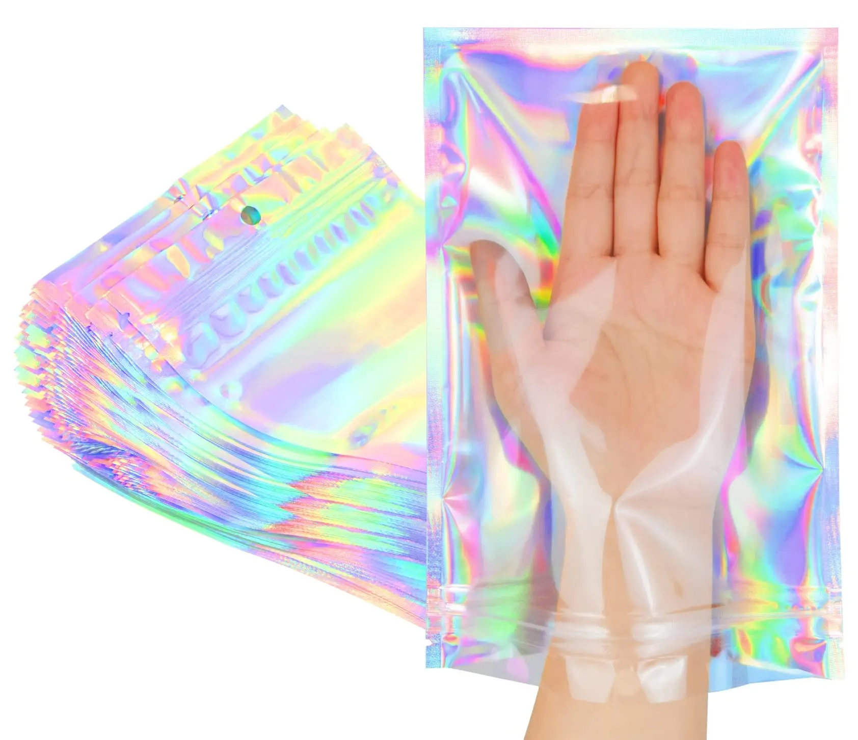 Holographic Rainbow Smell-Proof Resealable Mylar Foil Sample Bags, 50pcs 6x9in Bright Packaging Premium Party Favor Bags for Food Storage, Waterproof Reusable Home & Festive Supplies