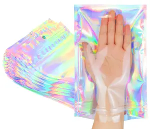 Smell Proof Bags & Resealable FoilPouch Mylar Sample Bag Holographic Rainbow Color 50pcs 6x9inch for Party Favor Food Storage Waterproof Reusable