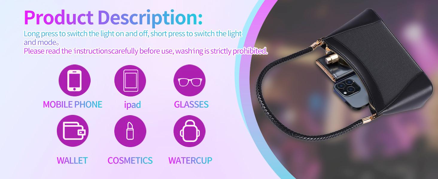 LUMISONATA Light Up Shoulder Bag for Women, LED Fiber Optic Crossbody Purse with seven Colors & four Modes, Glow in The Dark Party Handbag for Club Rave Festival