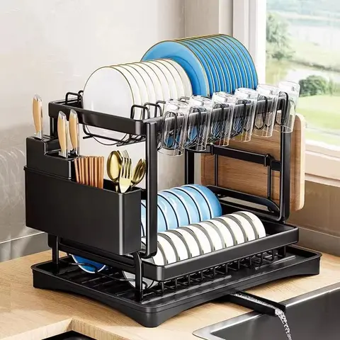 2-Tier Countertop Kitchen Drying Rack Organiser, Space-Saving Adjustable Home Storage Accessory with Drainboard, Extendable Spout, Strainers, Utensil Holder, and Knife Slots