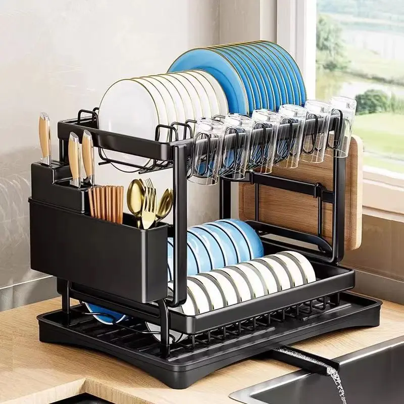 Drying Rack Kitchen, 2 Tier DishDrying Rack, Space-Saving Large Dish Racks forKitchen Counter with Drainboard ExtendableSpout Strainers & Utensil Holder and Knife Slots