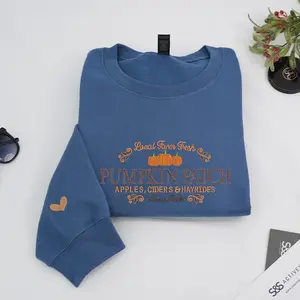 Pumpkin Patch Embroidered Sweatshirt – Local Farm Fresh Fall Crewneck, Apples Ciders Hayrides Autumn Shirt, Cozy Blue Fall Pullover for Pumpkin Lovers