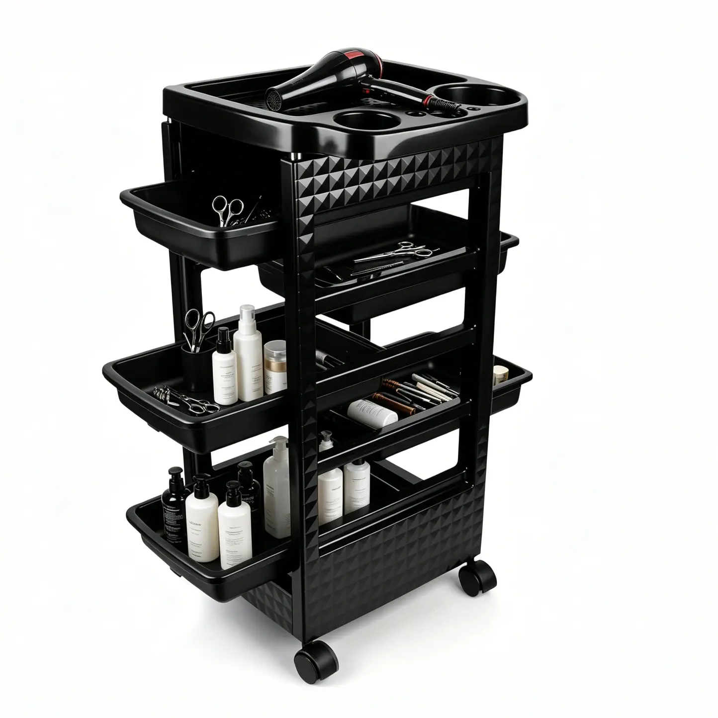5-Tier Rolling Plastic Salon Organiser Cart with Expandable Racks, Hair Dryer Holder, Bidirectional Pull-Out Trays, 360° Silent Wheels, Heavy-Duty PP Storage for Barber Shop & Home Makeup Vanity