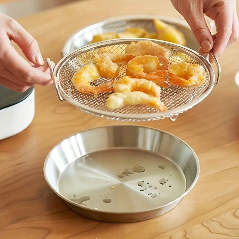 Crisping Basket, Air Fry Crisper Basket, Non-Stick Round Crisper Tray with Mesh Grill Basket for Baking Pan, Grease Catcher, Stainless Steel Chips Basket for Air Frying, Kitchen Gadgets, Air Fryer Accessories