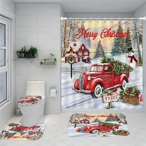 Christmas Themed Bathroom Shower Curtain Set, 1/3/4 Counts/set Including Shower Curtain & Toilet U-shaped Mat & Rectangular Mat & Toilet Lid Cover, Bathroom Decorative Supplies for Home Dormitory Hotel