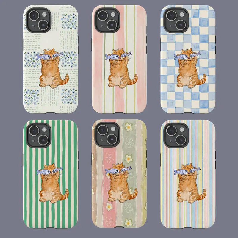 Cute Orange Cat Fish Pastel Pattern UV-Print Smartphone Cellphone Case Cover - Dual-Layer TPU+PC Casing, Lightweight, Glossy/Matte Shockproof Protection, for 4-7.9 In Devices, Sleek Durable Accessory Gift for Her, Sohochic Phone Accessory