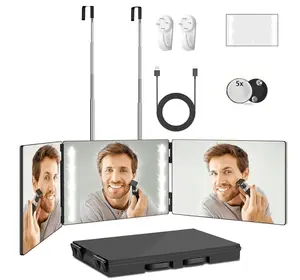 with LED Lights 3 Way Mirror for Self Hair Cutting,360 Haircuts Mirror Men for Barber Use Tools,to See Back of Head,Tri Fold with Portable Height Adjustable Telescoping Hooks