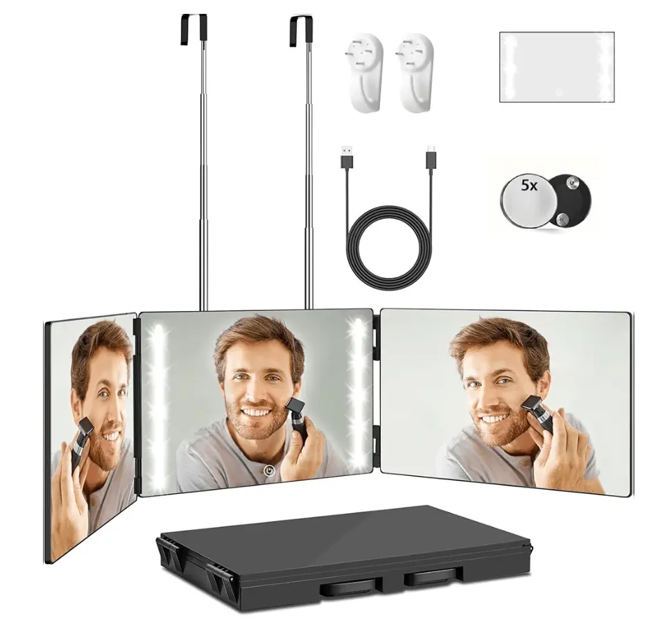 Men's Adjustable Trifold Mirror - Black with LED, 3-Way Portable Self-Trimming Mirror with 360° Back-of-Head View, Height-Adjusted Telescopic Hook, Home & Bathroom Supplies Gadget