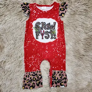 Leopard flutter sleeves crawfish ruffle romper baby girls clothing