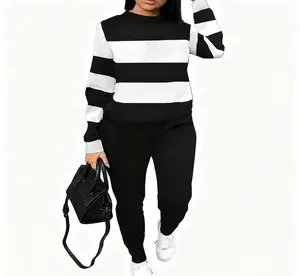 Plus Size Fashion Activewear Women's Two-Piece Set Striped Design Comfortable Fabric Striped Long-Sleeve Top Solid-Color Pants Set Women's Plus Size Clothing Activewear Casual Set Black Crewneck Fitted Suits