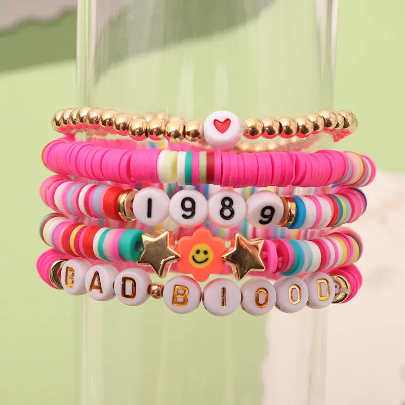 Bohemian Colorful Pink Letters Polymer Clay Wristband Bracelet,Multi-Layer Suit Beaded Jewelry,2024 Summer Women's Fashion Heart Decor Beaded Bracelet, Casual Trendy Beaded Gypsy Bracelet , Fashion Accessories for Daily & Party Clean Girl Accessories Gift