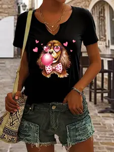 Women's Cocker Spaniel Bubblegum V-Neck T-Shirt, Cute Dog Glasses Heart Print Open Collar Short Sleeve, Sweet Pet Pattern Casual Top