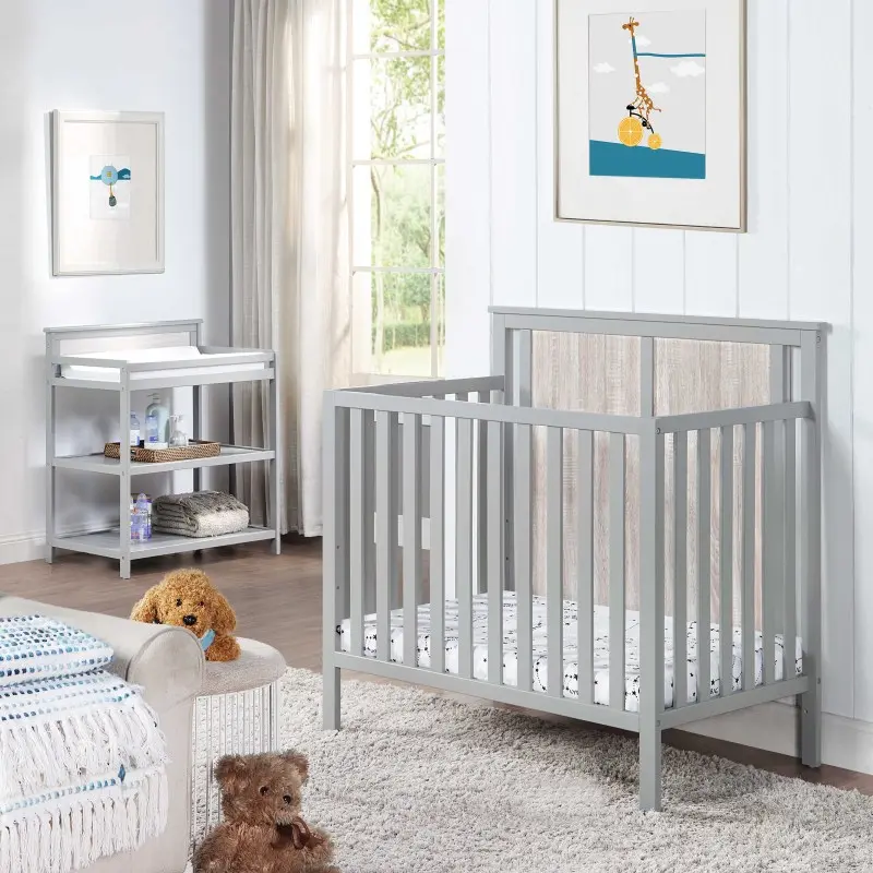 Connelly Compact Convertible Mini Crib - Grey/Rockport Grey, Safe Sleep Bed, Height-Adjustable Toddler Bed Frame with Mattress, Indoor Bedroom Furniture Accessory