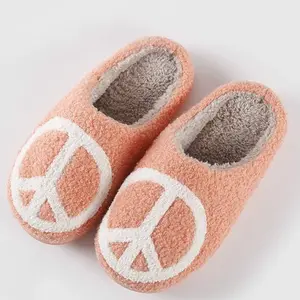 Peace Sign Sherpa Slippers - Soft Pink Footwear for Women, Comfortable Design, Ideal for Walking, Ideal for Girls