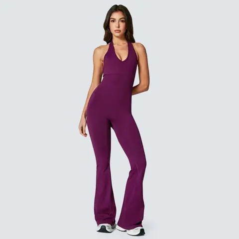 TASKWAY Women’s Cherry Merlot Backless V-Neck Halter Sporty Fit Jumpsuit - Sleeveless Spandex Workout Jumpsuit with Built-In Removable Pads, Waist-Cinching Flared Leg, Gym & Casual Apparel, Fit Jumpsuits