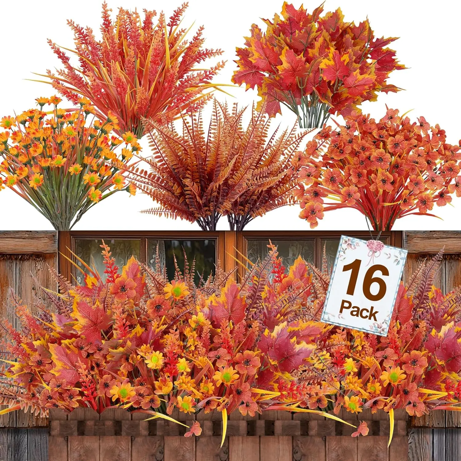 16 Bundles 5 Styles Artificial Fall Flowers for Outdoors Fall Decor, UV Resistant No Fade Fake Mums Fall Plants Boston Fern Orange Daisy Maples Leaf Picks for Porch Patio Autumn Outside Home Indoor