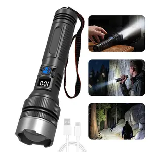 Rechargeable Portable Zoom Battery Power Display  Flashlight, Telescoping Dimmable Far Near Light Beam, Waterproof Shockproof Lightweight Handheld Hangable Emergency Outdoor Flashlight outdoorfun