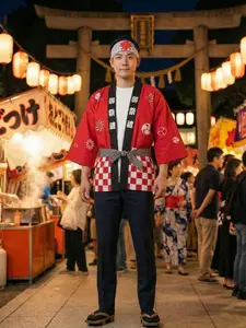 Japanese Festival Blue Plaid Kimono Open Front, Men's Summer Three-Quarter Sleeve Haori, Casual Outerwear for Comic Con/street Photography