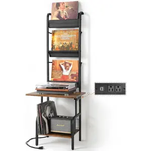 Record Player Stand with Power Outlet, Record Player Table with Vinyl Record Storage up to 200 Albums, Turntable Stand with Record Holder Vinyl Display Shelf, Record Player Cabinet Organizer Rack