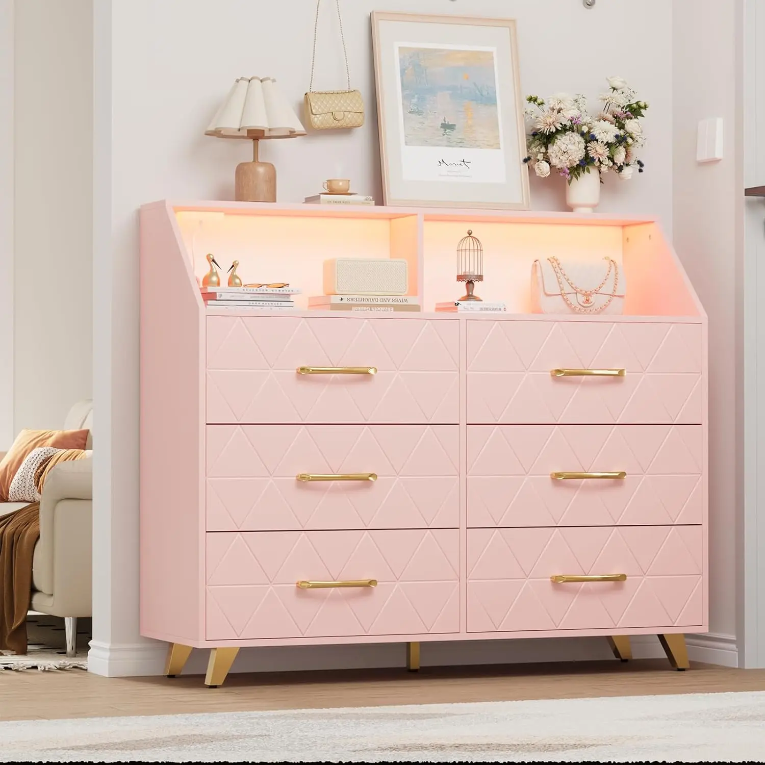 47-Inch Modern Pink 6-Drawer Dresser with LED Light, Charging Station, Storage Shelf, Sturdy Gold Legs, Vacuum Finish - Indoor Furniture Drawer Cabinet for Bedroom, Living Room, Sturdy Legs, Built In Drawers, Clothing Storage Cabinet