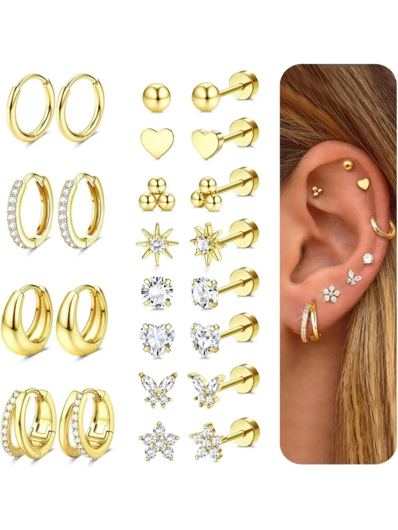 12Pairs Flat Back Earrings for Women Hypoallergenic Steel Earrings for Sensitive Ears Hoop Stud Earring Cartilage Tragus Piercings Flat Pierced Earring Stud Earring Jewelry Studs Earrings