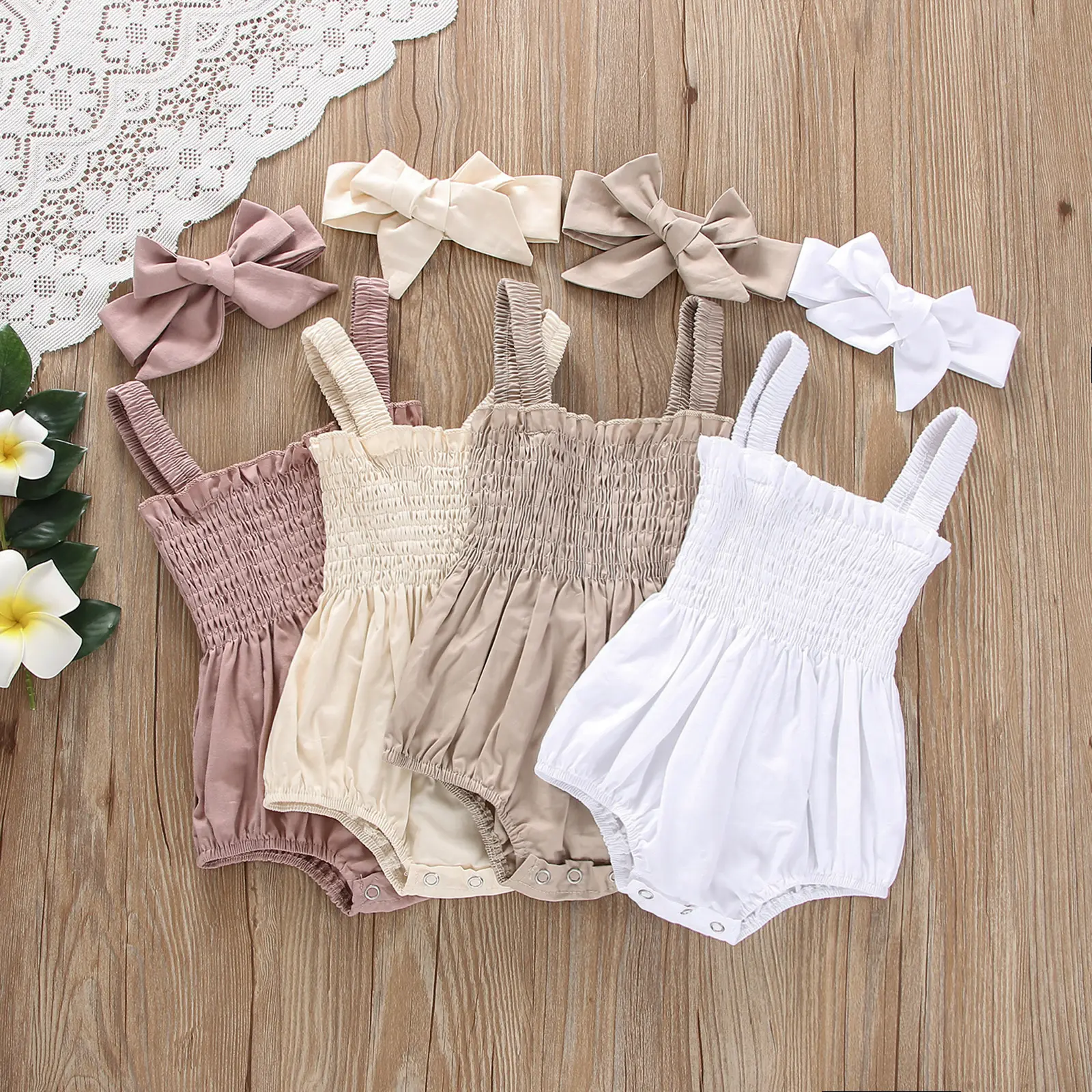 Newborn Baby Girl Summer Clothes Bodysuit Headband Set Solid Color Ruffle Sleeveless Suspender Romper Jumpsuit 0-18M