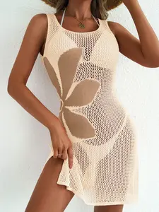 New Women's Fashion One-Piece Sweater Dress, Spring Summer Round Neck Hollow Out Floral Design, Sexy Split Hem Swimsuit Cover Up Swimwear Cover Up Beach Cover-Up Beachwear Cover Up