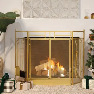 Barton 48" Fireplace Screen Fire Spark Guard Hinged Doors with Fireplace Tools Gold Finish Safety Guard for Home Decor