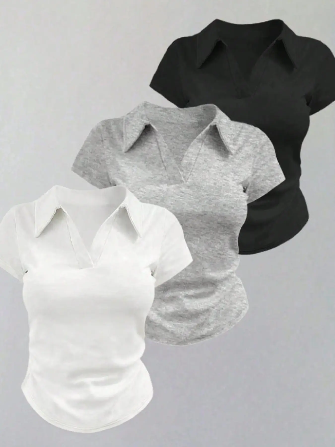 Women's Summer Casual Slim Fit V-Neck Short Sleeve T-Shirt, Minimalist Plain Design Basic Collared with Collar, Side Ruching, All Seasons Wear, Casual Classy Elegant, Womenswear Top Summer Vibes Tops