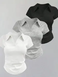 Women's Summer Casual Slim Fit V-Neck Short Sleeve T-Shirt, Plain Design with Collar, Side Ruching, All Seasons Wear