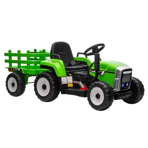 Toddler electric tractor with trailer, 12V battery powered and remote control design, 5mph top speed, LED headlights, gear shift, music and USB, ideal ride on toy for 3-6 years old.