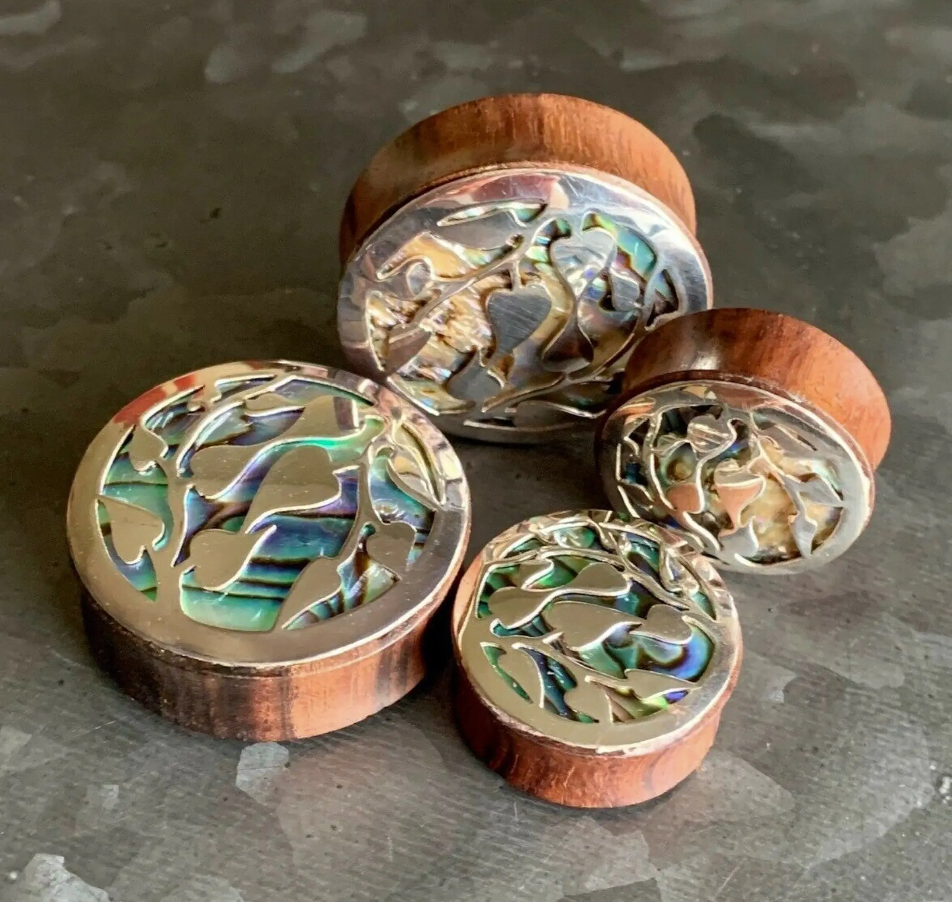 PAIR of Stunning Silver Leaves and Organic Abalone Shell Inlaid Sono Wood Saddle Plugs - Gauges 0000g (12mm) thru 1&3/8" (34mm)