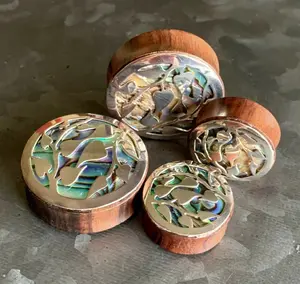 PAIR of Stunning Silver Leaves and Organic Abalone Shell Inlaid Sono Wood Saddle Plugs - Gauges 0000g (12mm) thru 1&3/8" (34mm)
