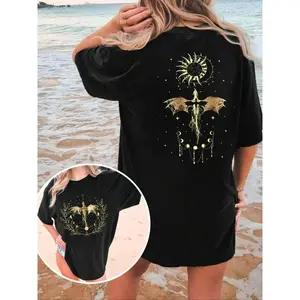 Women's Fitted Polyester Jersey Dragon & Moon Print Round Neck Short Sleeve Tee - Lady's 1-Piece Casual Summer Sports Top for Daily Wear
