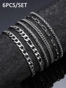 6-piece Set of Simple Stainless Steel Chain Metal Bracelet, Men's and Women's Fashion Trend Street Style Stacked Bracelet Set