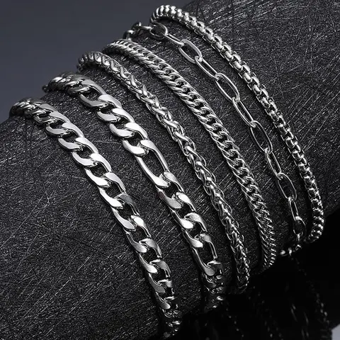 6-piece Set of Simple Stainless Steel Chain Metal Bracelet, Men's and Women's Fashion Trend Street Style Stacked Bracelet Set, Stainless steel bracelets, Stacked Design Bracelets