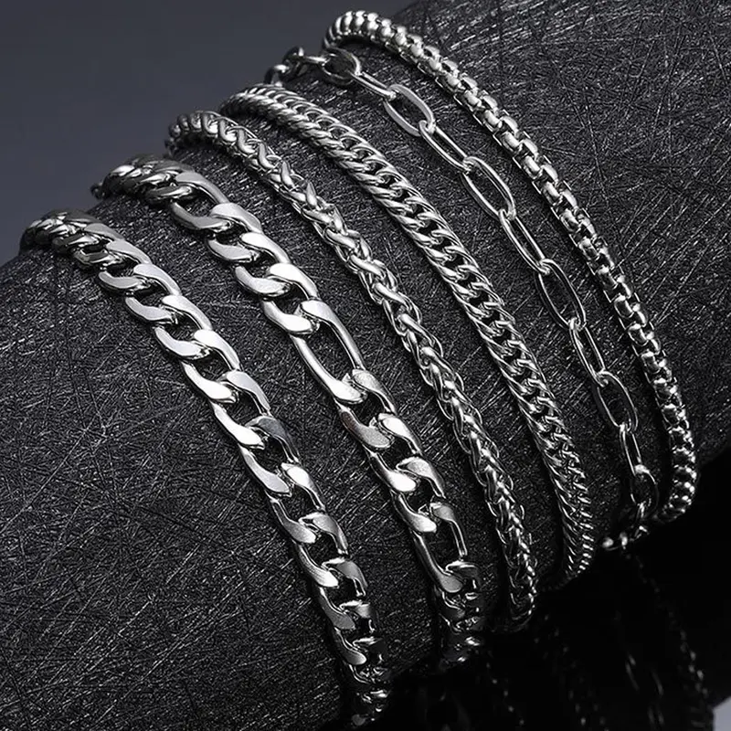 6-piece Set of Simple Stainless Steel Chain Metal Bracelet, Men's and Women's Fashion Trend Street Style Stacked Bracelet Set, Stainless steel bracelets, Stacked Design Bracelets
