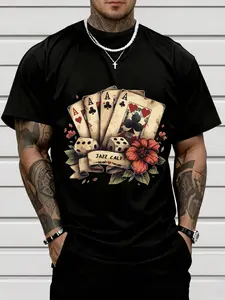 Men's Short Sleeve T-Shirt with High-Definition Poker Print, Fashion Round Neck Top, Streetwear, Comfortable Fabric, Casual Outdoor Wear