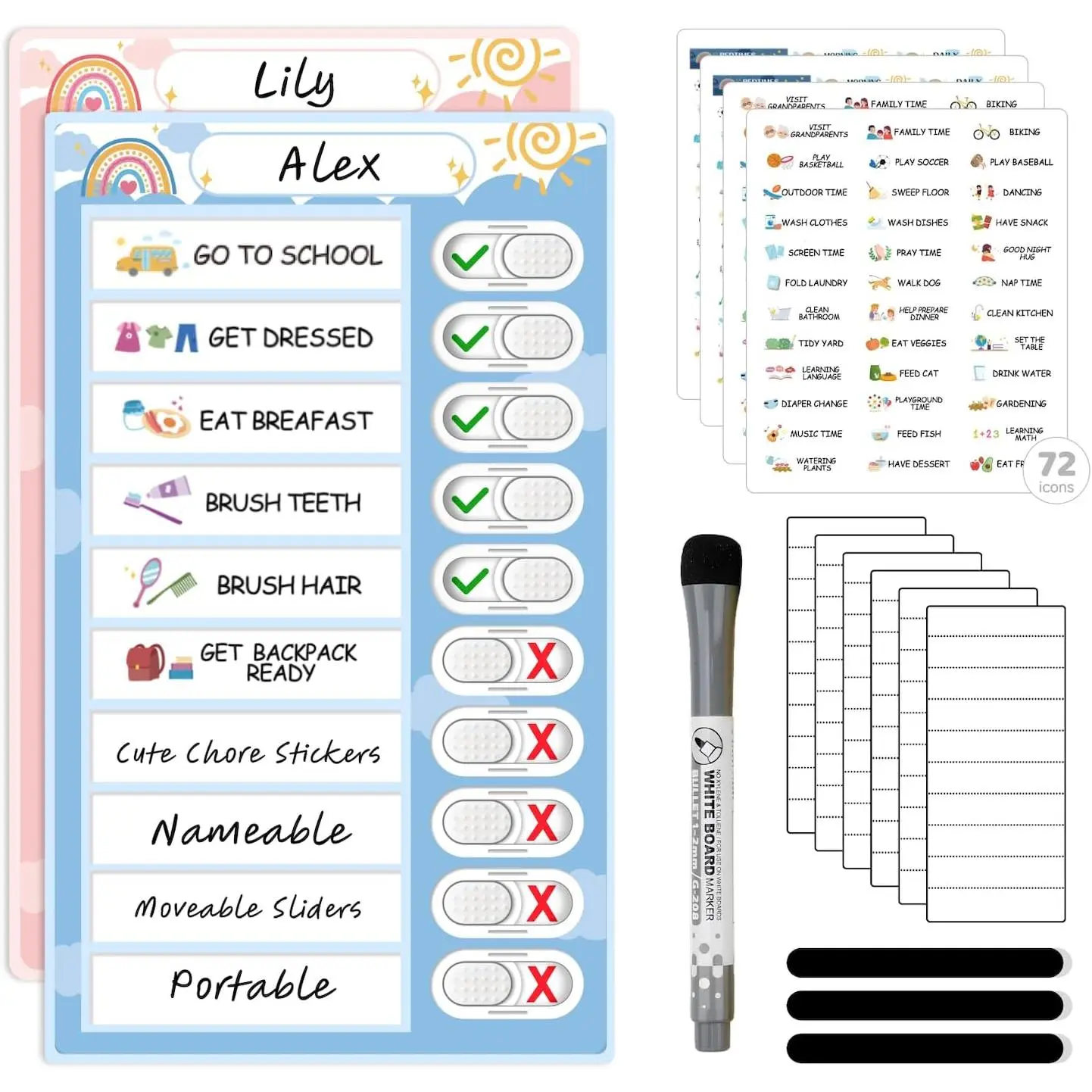 2 in 1 Namable Chore Chart for , Dry Erase Morning/Bedtime Routine Chart for  for Refrigerator,  Visual Schedule for    Checklist for