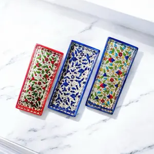 Serving Platter 12.9 x 7.4 Rectangular with Floral Design and Blue Border Dishwasher Safe Aesthetic Family Small Serving Tray BPA Free