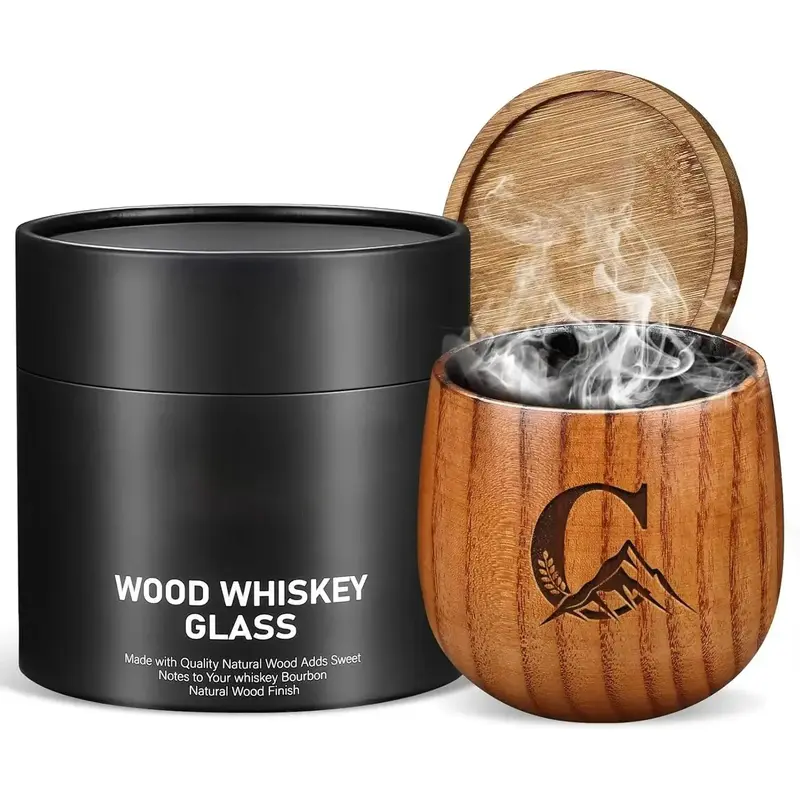 Charred Wooden Whiskey Glasses Personalized Bourbon Drinking Glass Ideas Gifts for Men Husband, Dad, Brother, Whiskey Lovers Birthday Insulated Old Fashioned Glass Whiskey Tumbler C premium drinkware