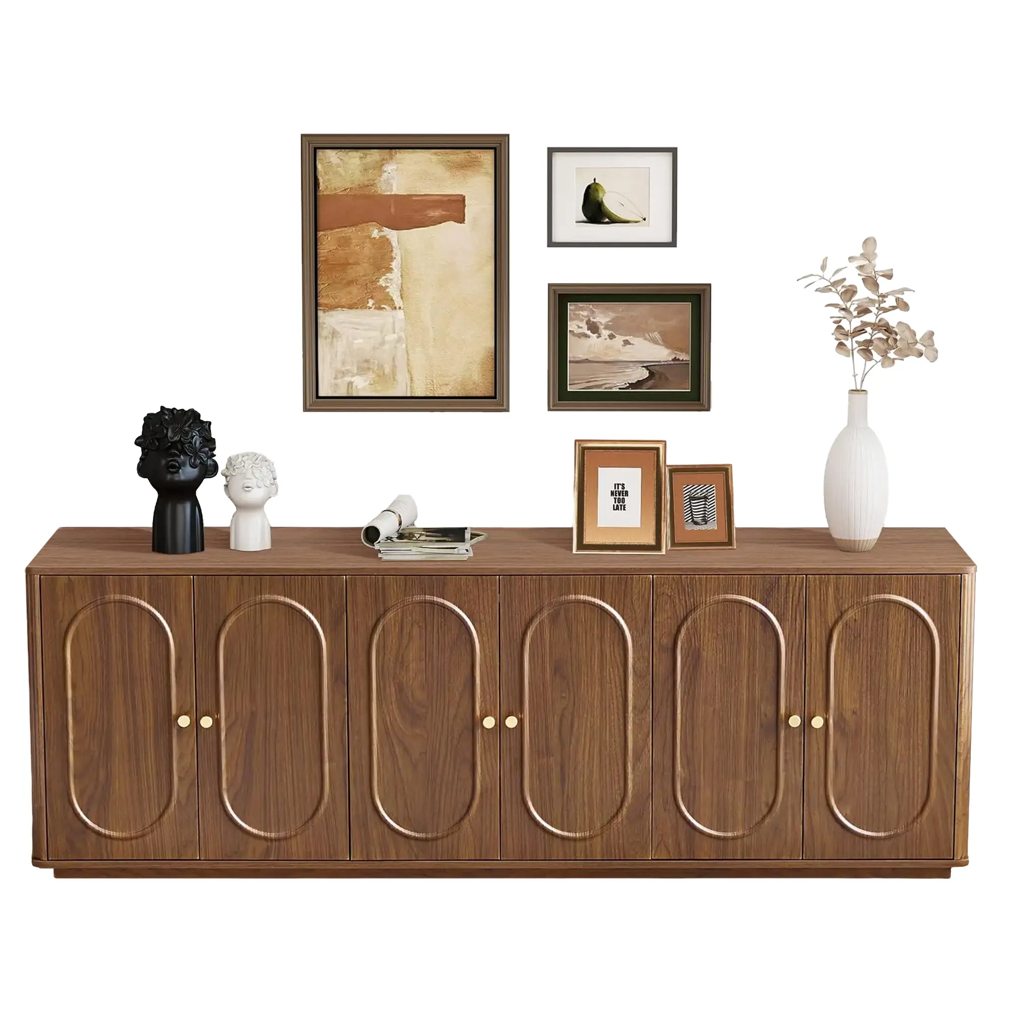 Giratree 63'' Fluted Sideboard Buffet Cabinet with Storage and 6 Doors, Low Storage Cabinet Modern Wooden Accent Credenza Console Table for Kitchen Dining Living Room Entryway