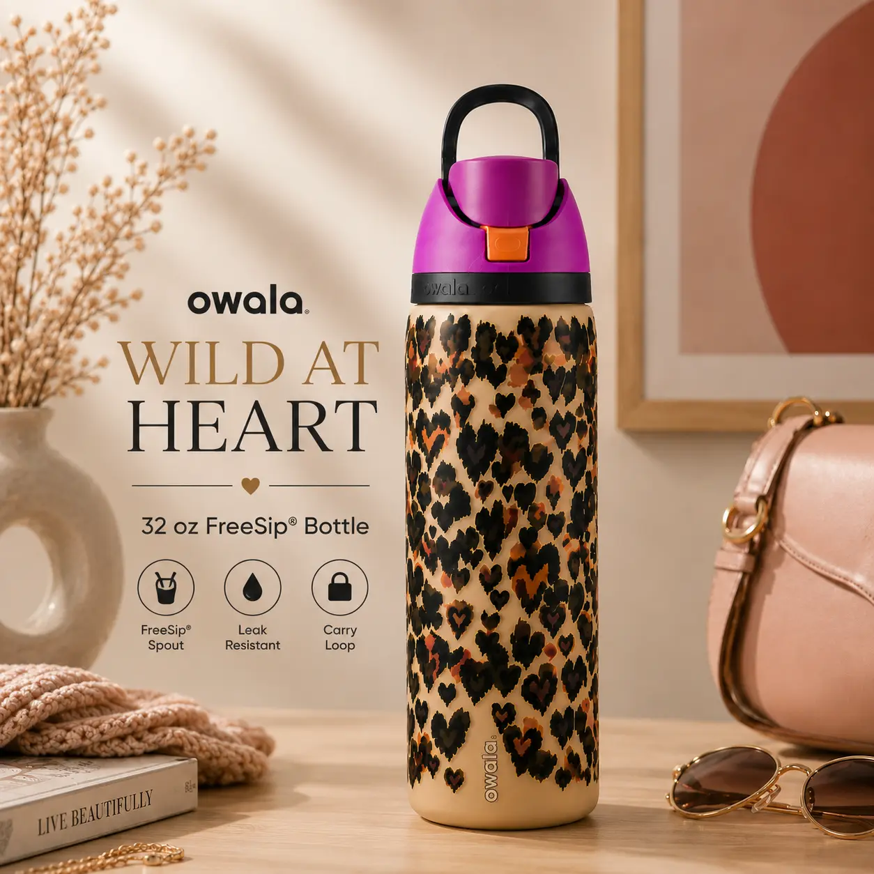 Owala FreeSip Wild at Heart 32 oz Insulated Stainless Steel Water Bottle with Built-In Straw, Heart Leopard Print